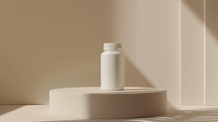 mockup of a plain white medicine bottle neatly placed on a podium on a neutral background, Ai generated Images