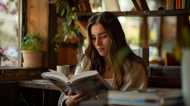a beautiful woman is sitting in the living room, reading a book with great interest, the background is the interior of the living room, AI generated Images