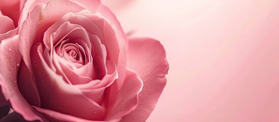 Fototapeta premium A detailed view of a pink rose with soft petals, captured up close against a pink backdrop. The intricate details of the flower are highlighted, showcasing the delicate beauty of the rose.