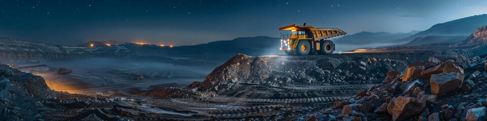Large quarry dump truck. Big yellow mining truck at work site. Loading coal into body truck. Production useful minerals. Mining truck mining machinery to transport coal from open-pit production at