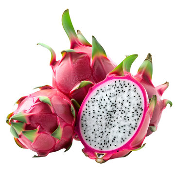 A delightful 3D cartoon render of whole and halved dragon fruits with seeds.