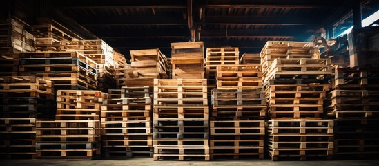 A pile of wooden pallets stored inside a warehouse, displaying a rustic array of sturdy storage solutions. The pallets are neatly stacked, ready to be used for transporting goods.