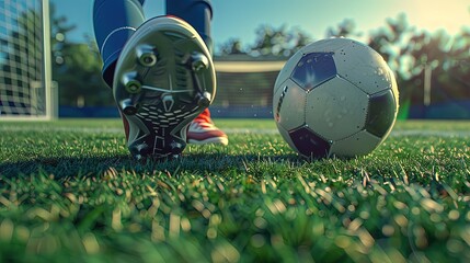 Soccer player prepares to strike soccer ball with his cleat on football field. Focused and ready for the perfect shot.
