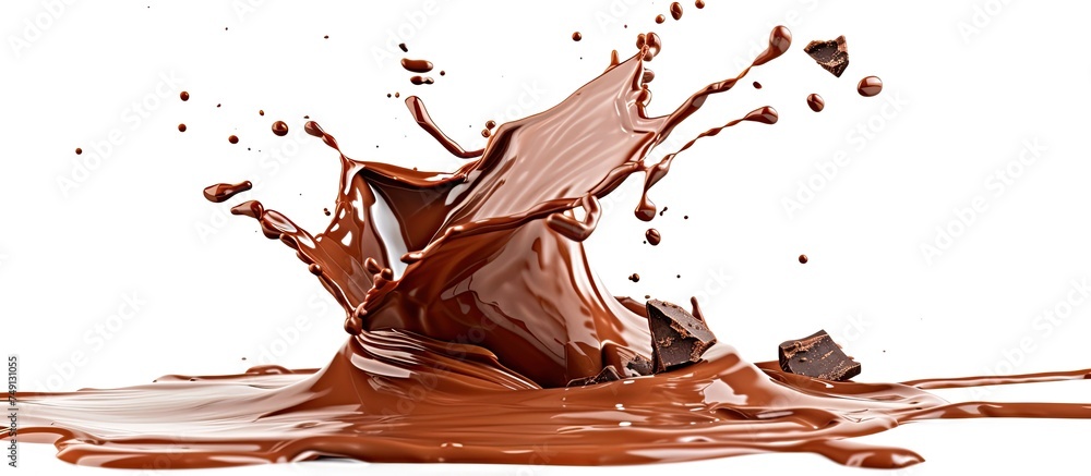 Poster rich chocolate splashes into clear water on a white background, creating a mesmerizing visual impact