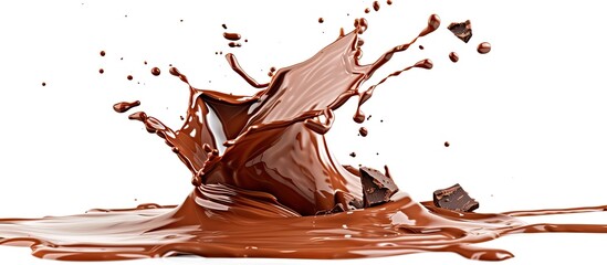 Rich chocolate splashes into clear water on a white background, creating a mesmerizing visual impact. The collision of chocolate and water forms unique patterns and textures in this captivating moment