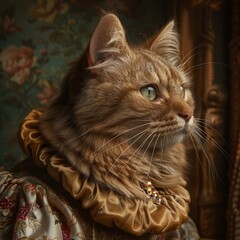 A corpulent tabby cat, its fur teased into a flamboyant 1970s supermodel coiffure, sits regally, oozing charisma