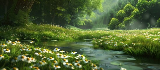 Fototapeta premium A stream flows smoothly through a dense forest filled with vibrant green grass and blooming chamomiles. The lush display of natures beauty is evident in this serene landscape.