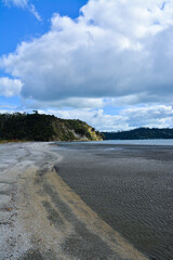 Seaside cliffs in the distance with low tide beach and sandy shoreline
