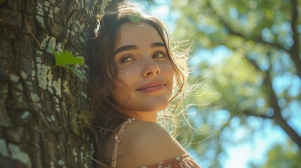 portrait of a girl, woman, leaning on the tree, hugging, nature, environment