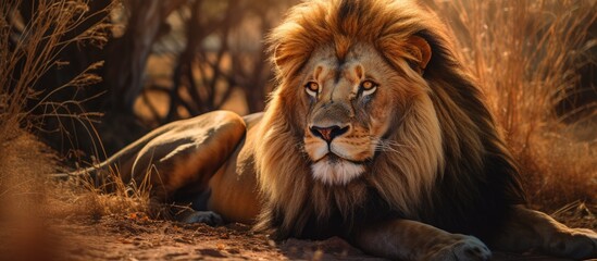 Fototapeta premium A powerful, wild lion of the species Panthera Leo lies in a sprawling, green field of grass in its African habitat. The majestic animal exudes strength as it rests under the open sky.