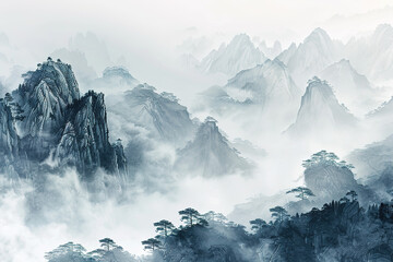 Illustration of Traditional Chinese Black and White Landscape Ink Painting