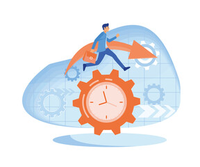 Time management, control. Businessman run along gear in form of clock. Organization of process. flat vector modern illustration 