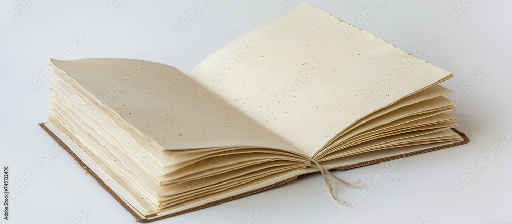Aufkleber an open book with blank pl natural paper pages is lying flat on a white surface. the pages are empty