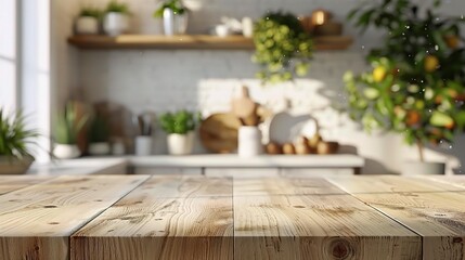 Blur background interior design, scandinavian minimalist classic kitchen with wooden and white details - obrazy, fototapety, plakaty