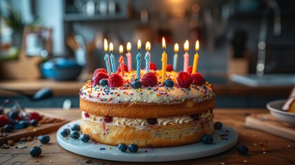 birthday fruit cake with candles
