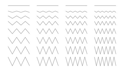 Set of zig zag wavy, vector collection of different thin line wide and narrow wavy line, curvy and zig zag, zig zag horizontal lines - obrazy, fototapety, plakaty