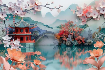  Multidimensional Paper Cuttings style Chinese classical bridge water landscape illustration © Govan