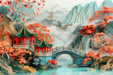 Foto op Plexiglas Multidimensional Paper Cuttings style Chinese classical bridge water landscape illustration © Govan