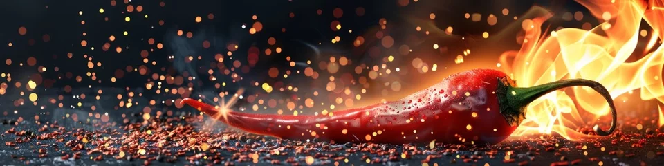 Schilderijen op glas Red hot chili pepper on black background with flame © Nataliya