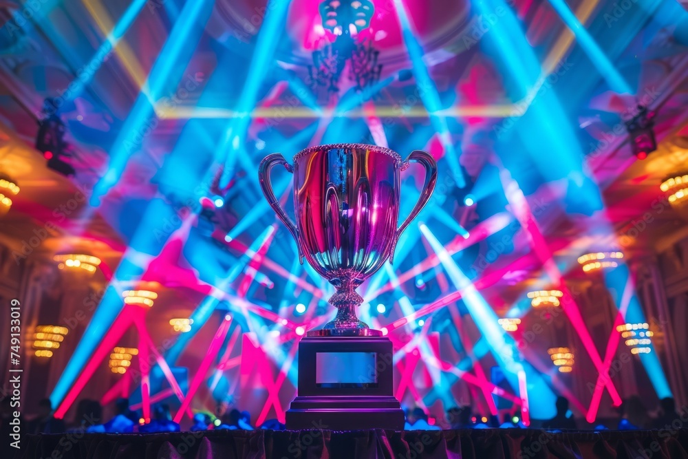 Poster a trophy on a stage with dynamic lighting and a crowd.