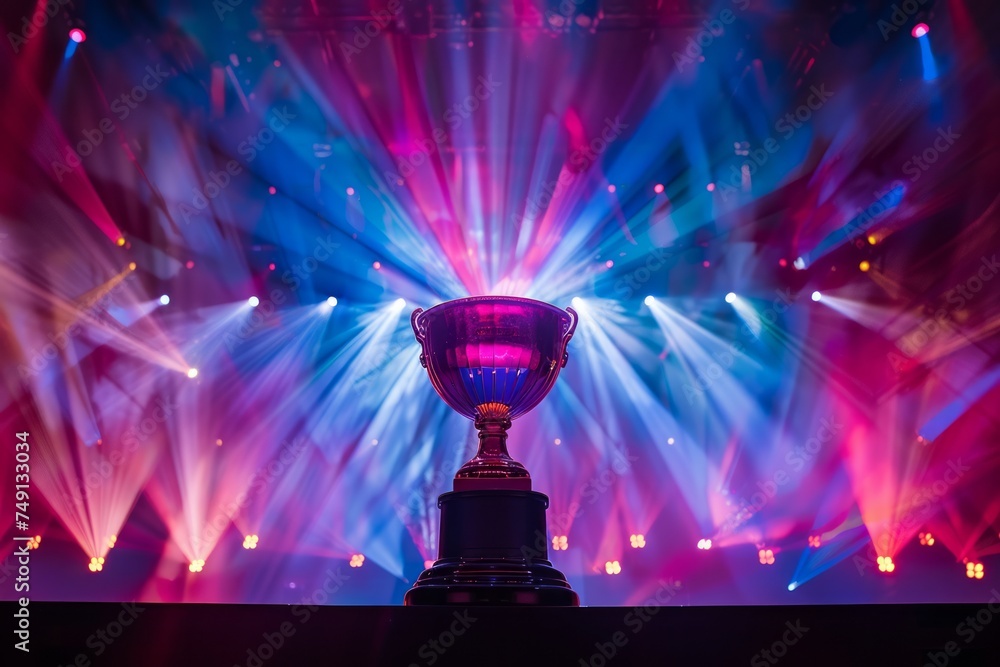 Poster a trophy on a stage with dynamic lighting and a crowd.