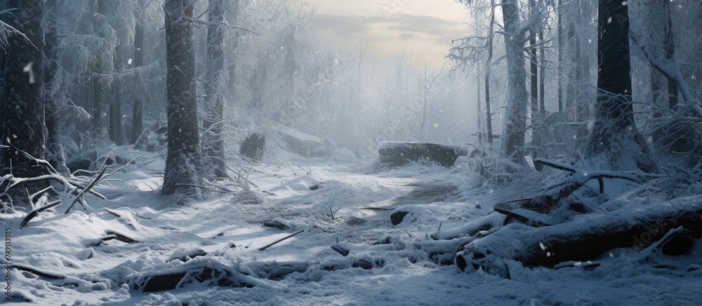 Poster a winter scene of a dense forest blanketed in snow, featuring a multitude of towering trees creating