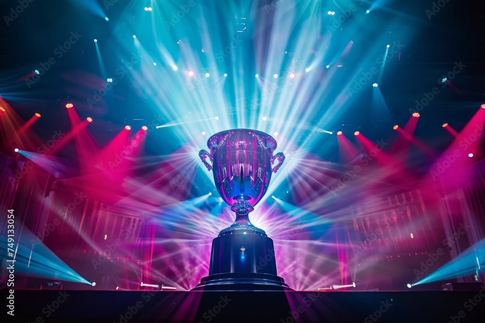 Poster a trophy on a stage with dynamic lighting and a crowd.