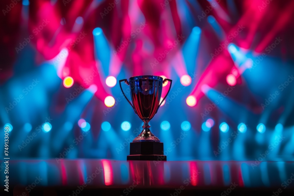 Poster a trophy on a stage with dynamic lighting and a crowd.