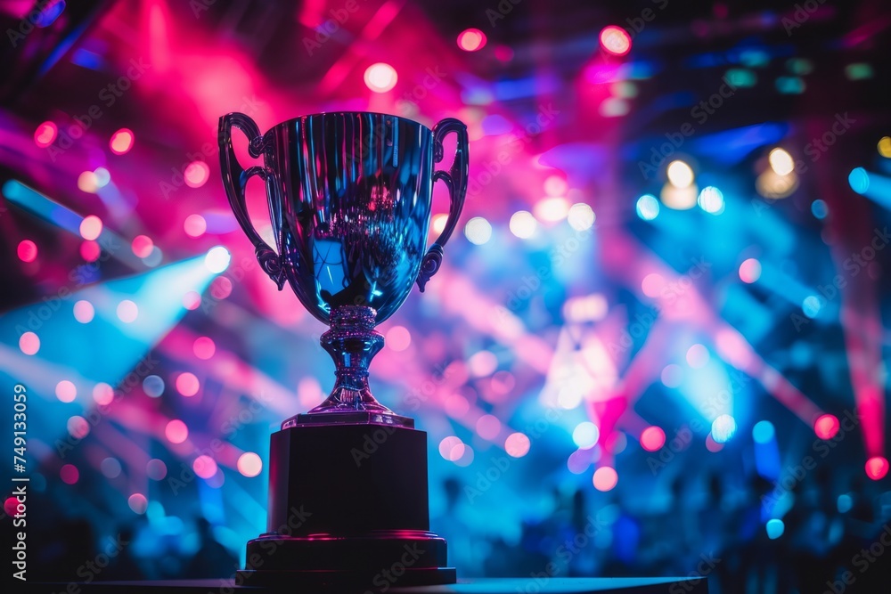 Poster a trophy on a stage with dynamic lighting and a crowd.