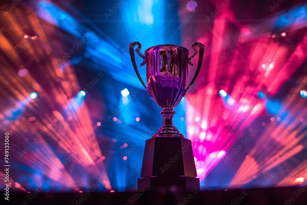 Poster a trophy on a stage with dynamic lighting and a crowd.