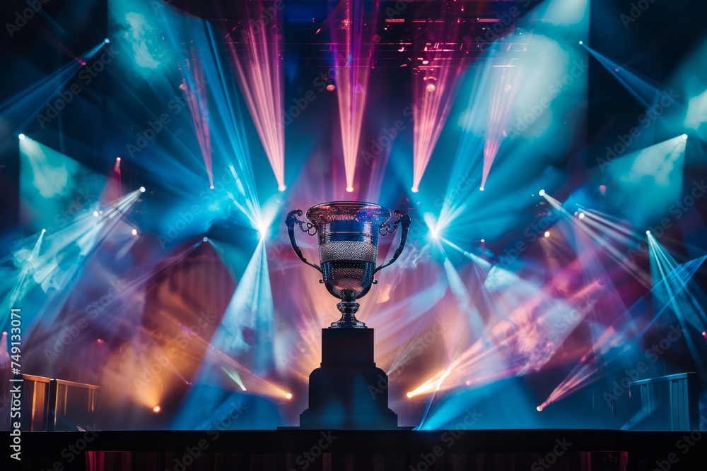 Poster a trophy on a stage with dynamic lighting and a crowd.