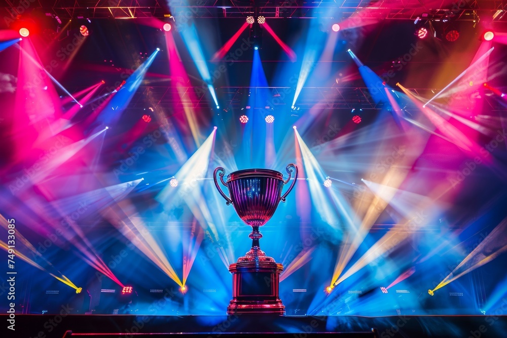Poster a trophy on a stage with dynamic lighting and a crowd.