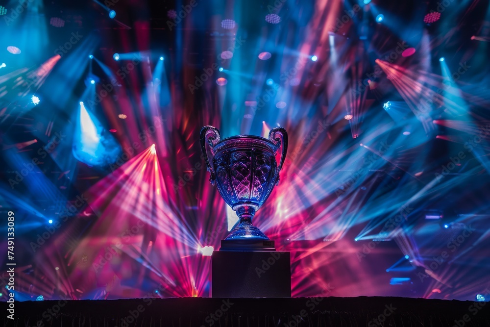 Poster a trophy on a stage with dynamic lighting and a crowd.