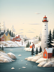 A beautiful seaside town and lighthouse on a snowy winter day