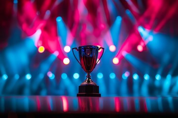 A trophy on a stage with dynamic lighting and a crowd.