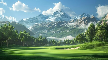 Golf course with mountain and blue sky background