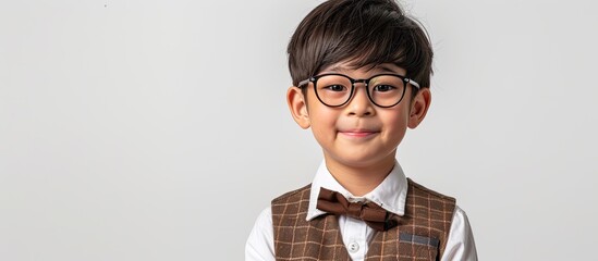 A young boy is dressed in formal attire, wearing glasses and a bow tie, presenting a neat and intelligent appearance. He stands against a plain white background.
