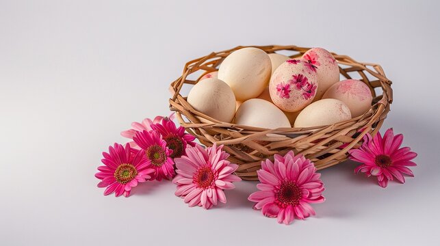 Multicolored painted Easter eggs in a wicker basket surrounded by daisies or pink spring flowers isolated on white background