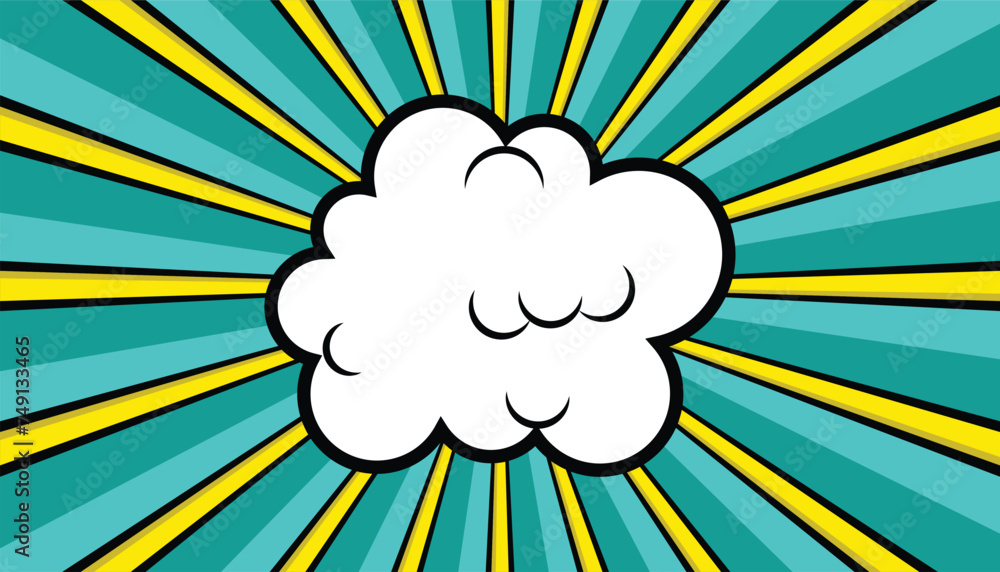 Poster pop art comic background with clouds, surprising boom cloud and lightnings in halftone red backgroun