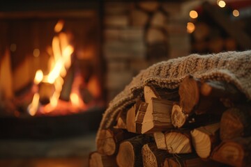 Cozy fireplace with firewood and warm glow.