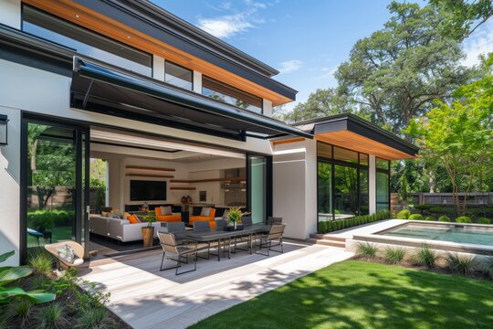 Modern house exterior with an open patio and awning.