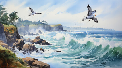 Crashing waves and seagulls in flight adorn the rocky coastal cliff in this captivating watercolor scene. Watercolor painting illustration.