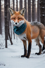 Obraz premium Fox wear Scarf in Deep Winter Forest