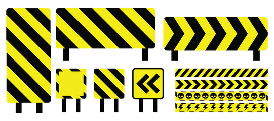 Set collection yellow and black diagonal stripes arrow traffic road signs different shapes isolated white background, highway route symbol signposts crime tapes caution for web mobile illustration.