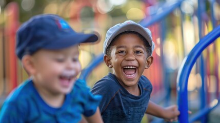 Joyful Boys in Matching Baseball Caps Racing Playfully at Recess in Colorful Playground