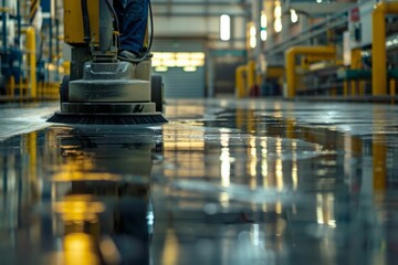 Worker using an industrial floor polisher in a well-lit facility.