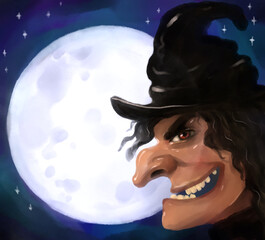 portrait of a witch who laughs, against the backdrop of the moon and night sky - 749133817