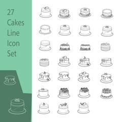 27 cakes line icon set