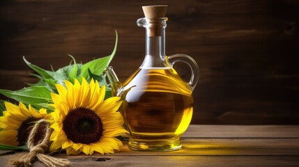 Sunflowers and seeds on a wooden background next to sunflower oil in a glass jar. Healthy foods and fats. Healthy eating.