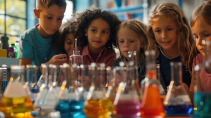 Exciting Science Lab Experiment with a Group of Happy Children Exploring Chemistry and Biology - obrazy, fototapety, plakaty
